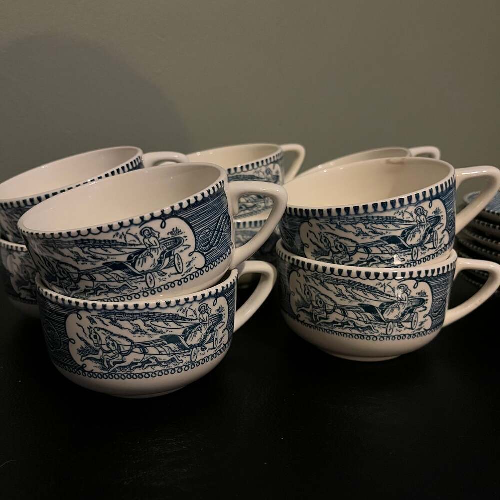Set of 10 currier & Ives tea coffee mugs and plates